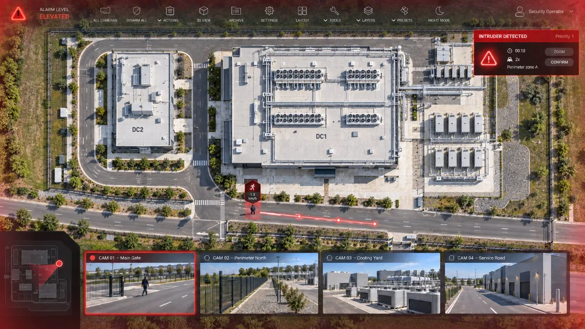 3D LiDAR-beveiliging van een datacenterterrein met detectie van personen op het perimeter