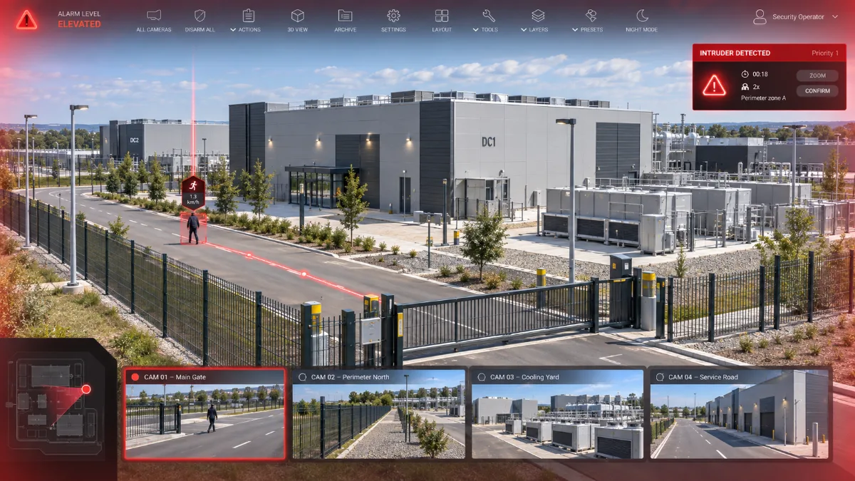 3D-LiDAR-beveiliging van een datacenter – visualisatie van detectiezones rond kritieke installaties